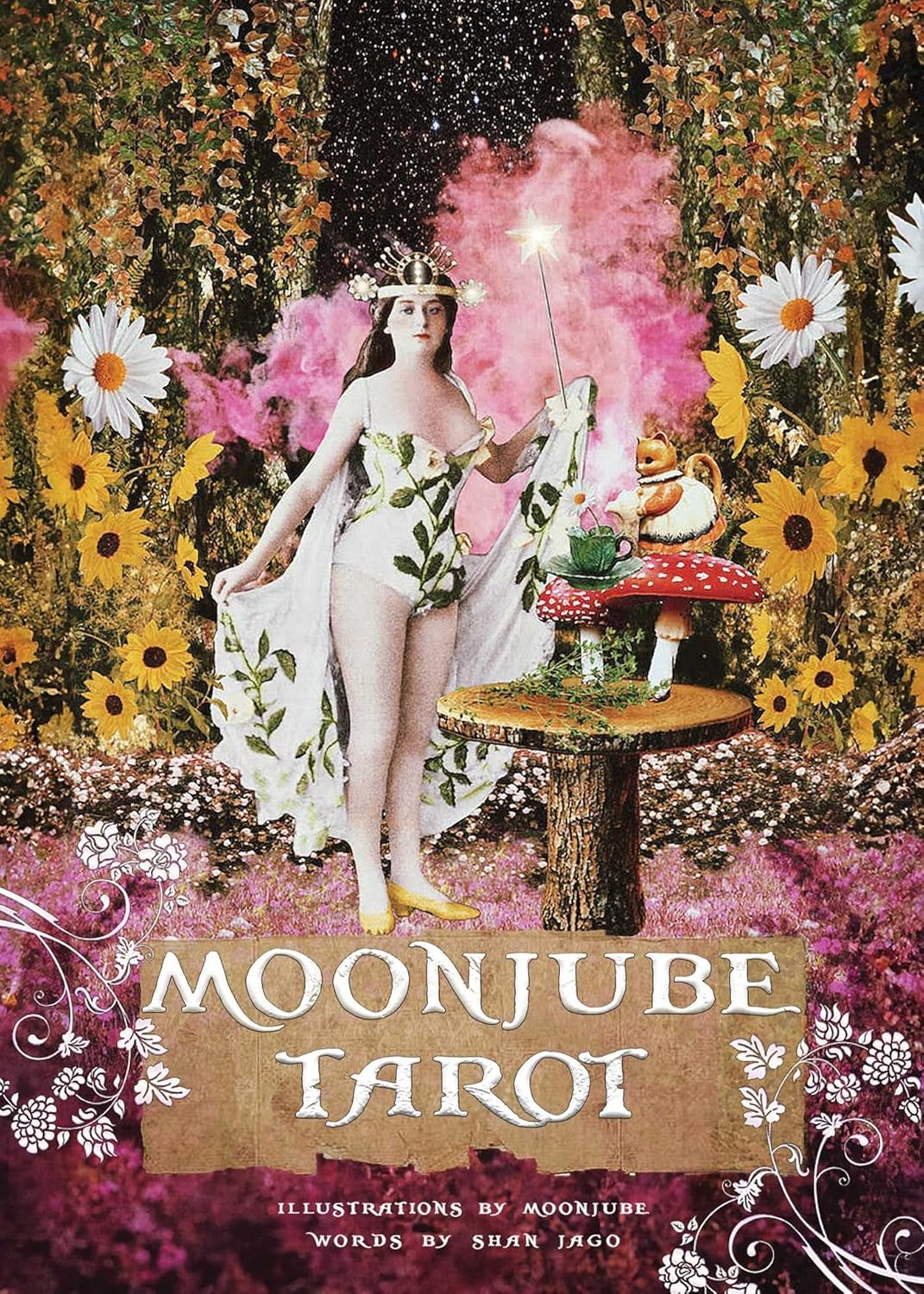 Moonjube Tarot Deck featuring surreal collage artwork, vibrant colours, astrological symbolism, and visionary Aquarian-inspired tarot imagery.