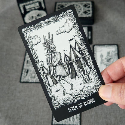Darkside Skeleton Tarot deck with black and white skeletal tarot card artwork