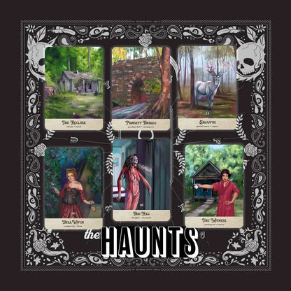 Set of tarot cards titled 'The Haunts' with illustrations and text on a decorative black border.