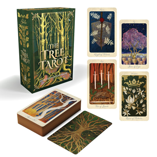 Tree Tarot card set with packaging and tarot cards displayed.