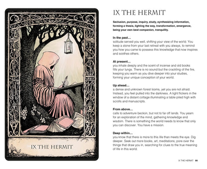 Tarot card depicting The hermit sat at a able looking towards the lamp with workbooks strewn around him. Shows how to use the card in a reading with card meanings 