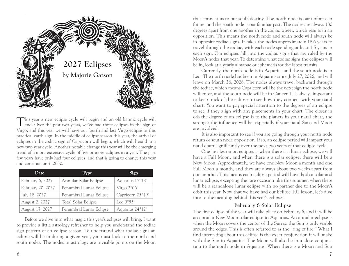 A printed informational page about 2027 Eclipses by Major Geaton, with black text, a black-and-white eclipse diagram, and a small eclipse illustration on a white page. Llewellyn's 2027 Witches' Datebook, spiral-bound weekly witchcraft planner featuring Jennifer Hewitson's artwork, seasonal rituals and magical tips.