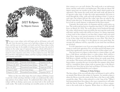 A printed informational page about 2027 Eclipses by Major Geaton, with black text, a black-and-white eclipse diagram, and a small eclipse illustration on a white page. Llewellyn's 2027 Witches' Datebook, spiral-bound weekly witchcraft planner featuring Jennifer Hewitson's artwork, seasonal rituals and magical tips.