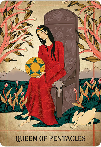 Queen of Pentacles tarot card illustration featuring a woman in a red gown seated on a throne, holding a pentacle ball, with a goat at her side and the title 'QUEEN OF PENTACLES' at the bottom. Seljuq Tarot by Parastoo Pakzad, 78-card Rider-Waite-Smith-inspired tarot featuring colourful Persian miniature artwork and traditional decorative patterns.
