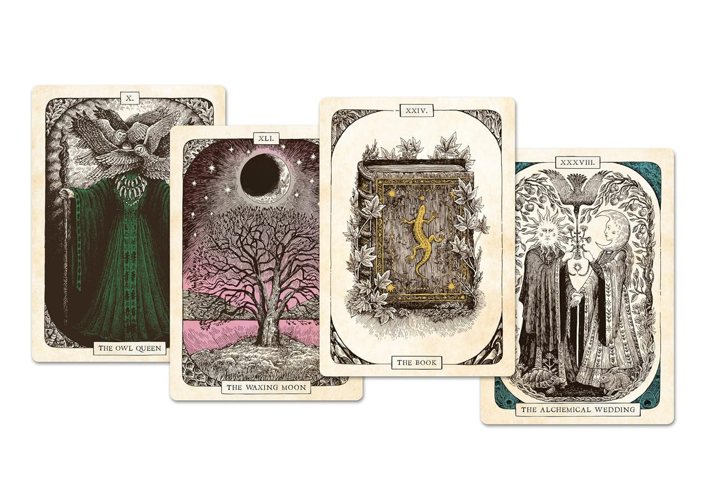 Four illustrated tarot-style cards arranged in a fan shape on a plain white background. The cards feature vintage-style artwork with cream borders and black, green, pink, and gold-toned illustrations, including a tree under a moon, a book with a snake, and two robed figures.