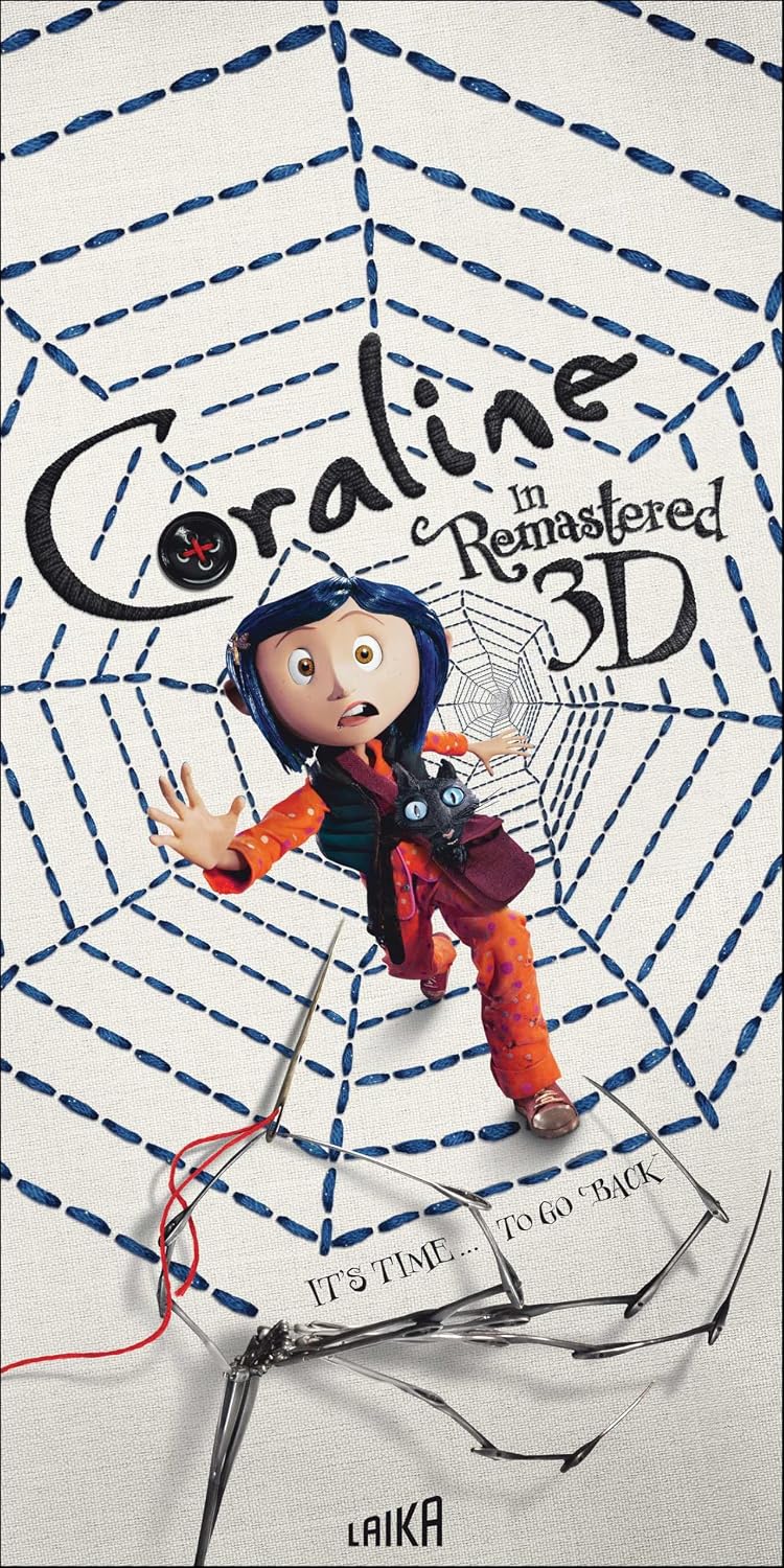 Coraline in Remastered 3D movie poster featuring the character Coraline in her orange and red outfit, standing in front of a large blue dashed spiderweb on a white textured background. The title 'Coraline in Remastered 3D' is written in stylized black text, and the LAIKA logo is visible at the bottom.
