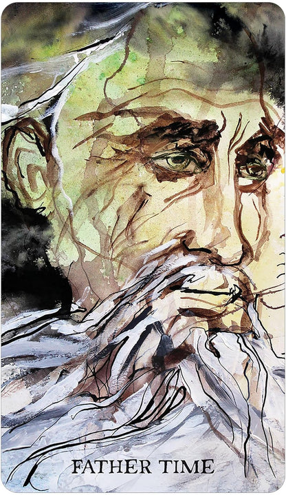 A square art print or card featuring an expressive watercolor and ink portrait of an elderly man with the text 'FATHER TIME' at the bottom.