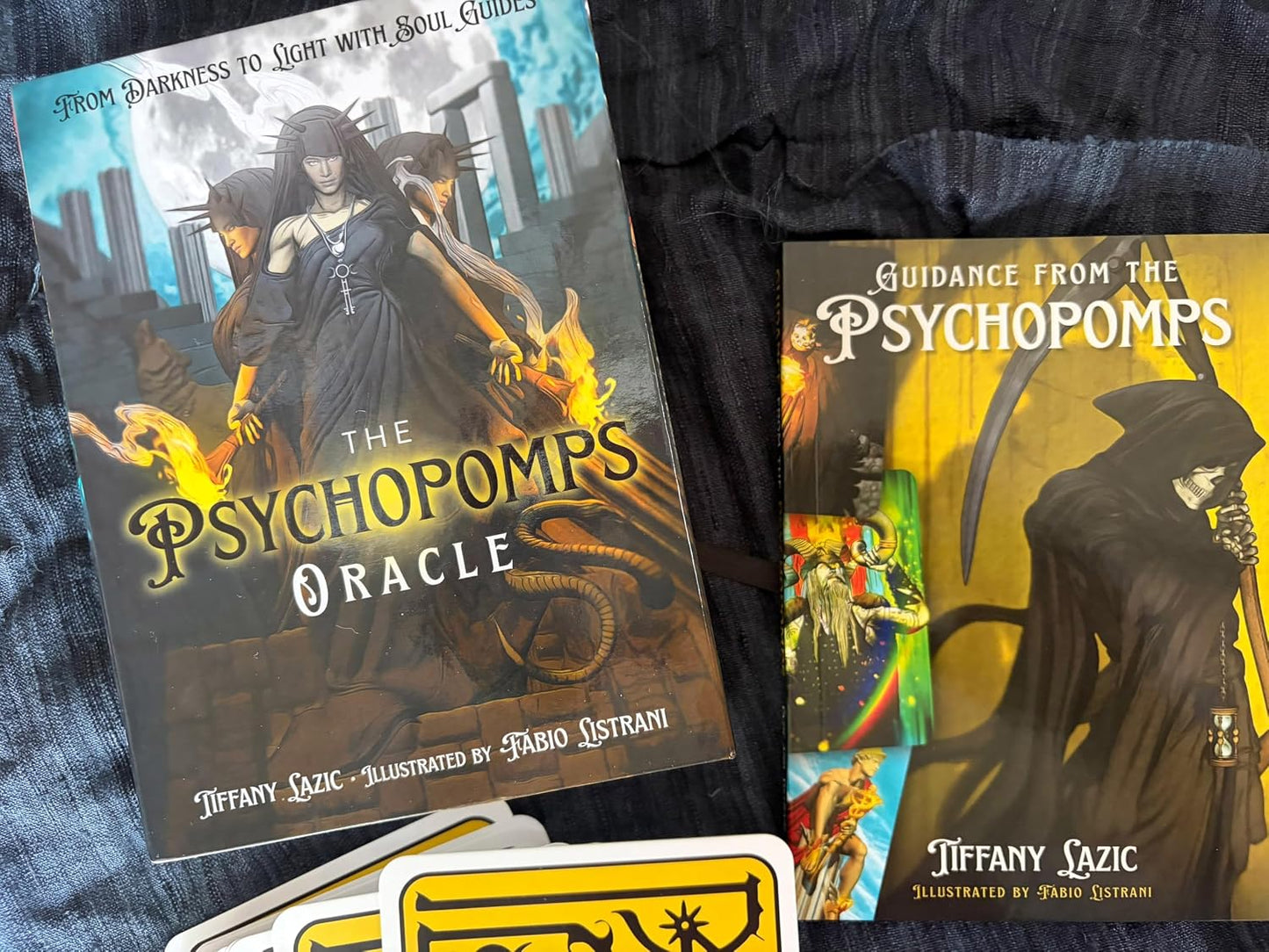 The Psychopomps Oracle by Tiffany Lazic and Fabio Listrani, a 44-card shadow work oracle featuring mythological soul guides, deities and psychopomps from cultures around the world.