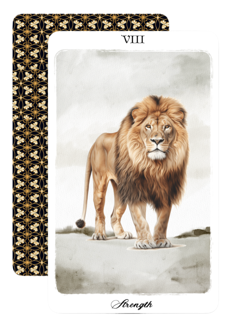 A tarot card titled 'Strength' featuring an illustration of a majestic lion with a full mane walking forward. The card has a white border with elegant black script at the bottom and a decorative black, gold, and white patterned border on the left side.