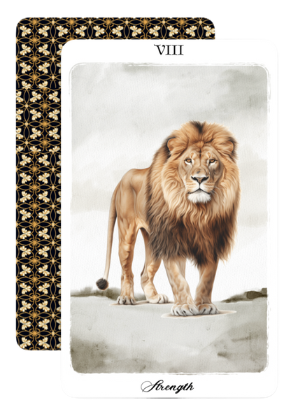 A tarot card titled 'Strength' featuring an illustration of a majestic lion with a full mane walking forward. The card has a white border with elegant black script at the bottom and a decorative black, gold, and white patterned border on the left side.