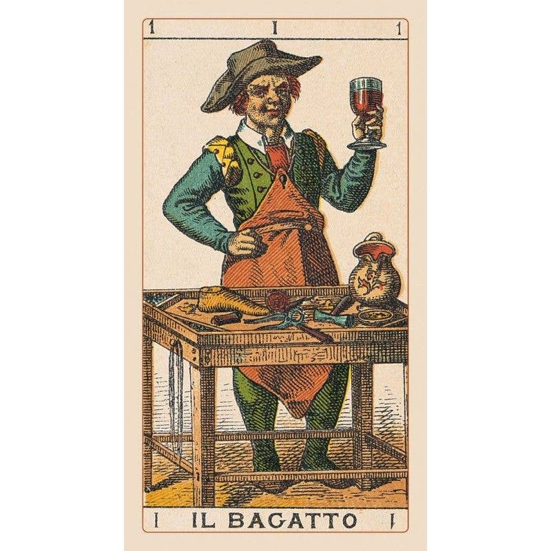 Vintage-style card featuring a character labeled 'Il Bagatto' holding a glass of wine.