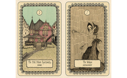 Two illustrated tarot-style cards shown side by side on a light background. The left card, labeled 'The Pink Palace Apartments Home,' shows a vintage pink house. Coraline Oracle deck 