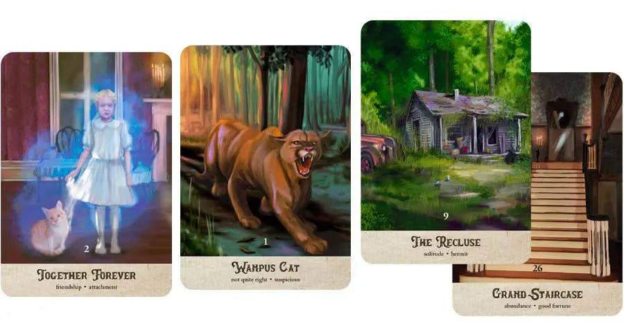 Four tarot cards with different scenes and symbols Southern gothic trilogy oracle card set Oneness Emporium
