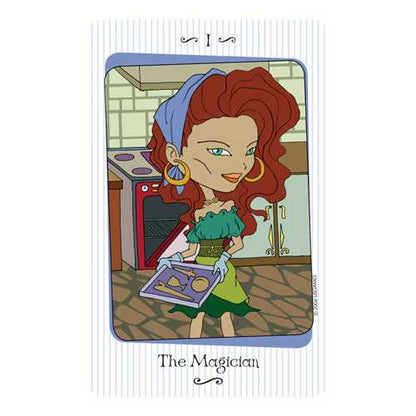 Cartoon character with red hair and blue headscarf holding a card labeled 'The Magician' in a stylized room.