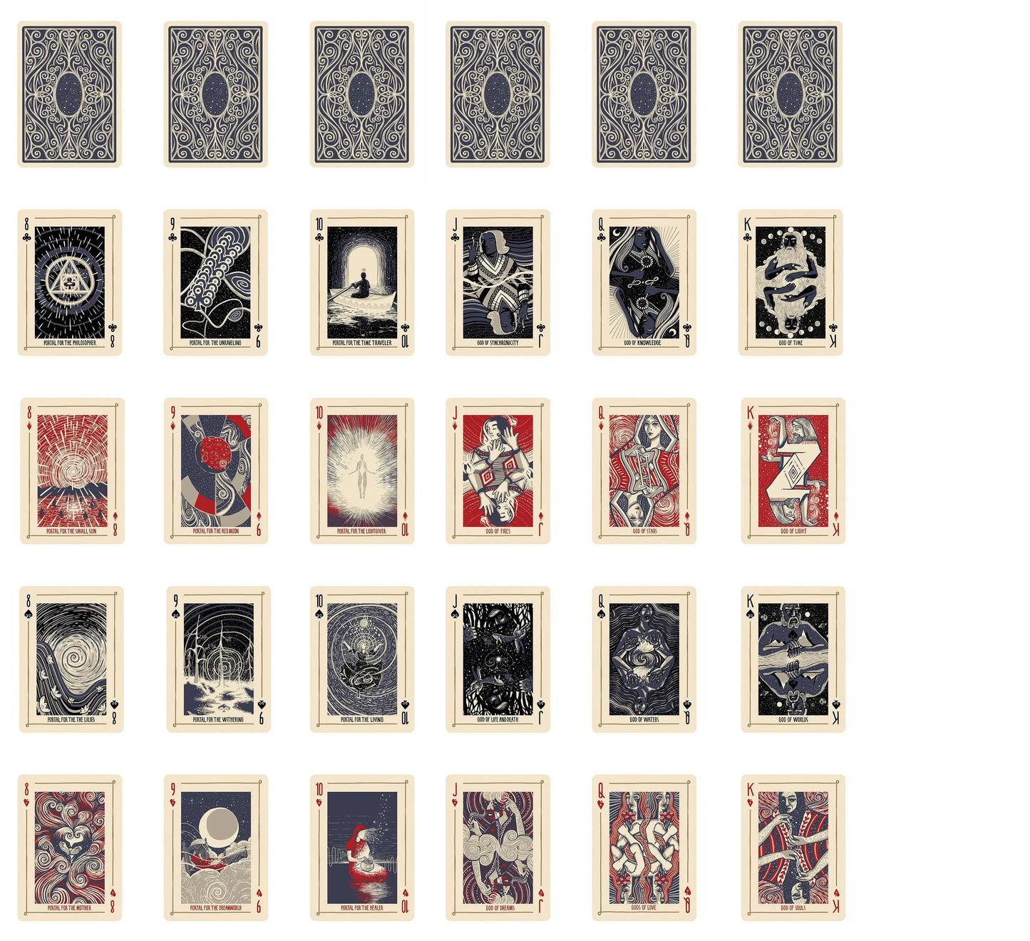 Collection of tarot cards with various designs on a white background