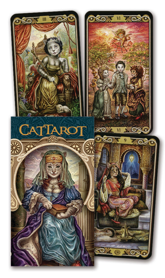 Cattarot deck by Carole-Anne Eschenazi with humorous feline tarot artwork and full colour cards