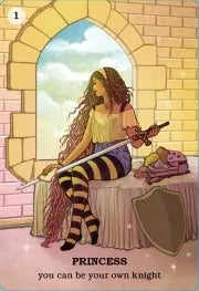 Believe in your own magic oracle card y Amanda Lovelace - Princess you can be your own night, Shows girl in a tower with long air sitting on the bed looking faraway out of the window 