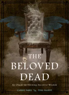 An image showing the cover of the guidebook for The Beloved Dead oracle cards set. Depicting a old fashioned leather armchair with angel wings on clouds 