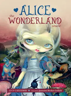 Cover of the 'Alice: The Wonderland Oracle' deck featuring an illustrated image of Alice from Wonderland with various whimsical characters and elements from the story.
