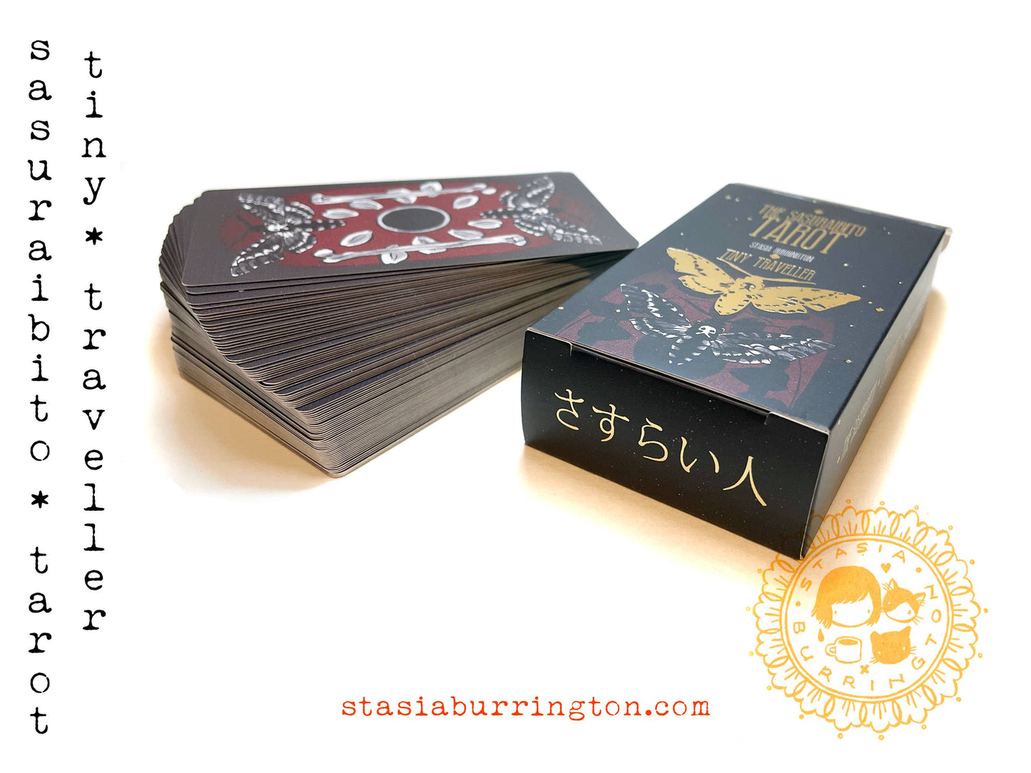 Tiny traveller tarot cards with packaging on a white background, featuring the brand 'stasiaburrington.com'.