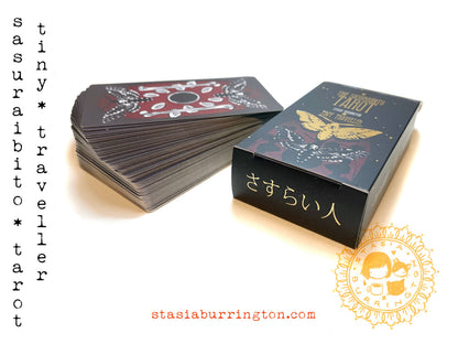 Tiny traveller tarot cards with packaging on a white background, featuring the brand 'stasiaburrington.com'.