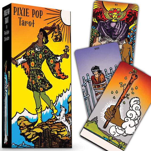 Pixie Pop Tarot card set with colorful packaging and tarot cards on a white background