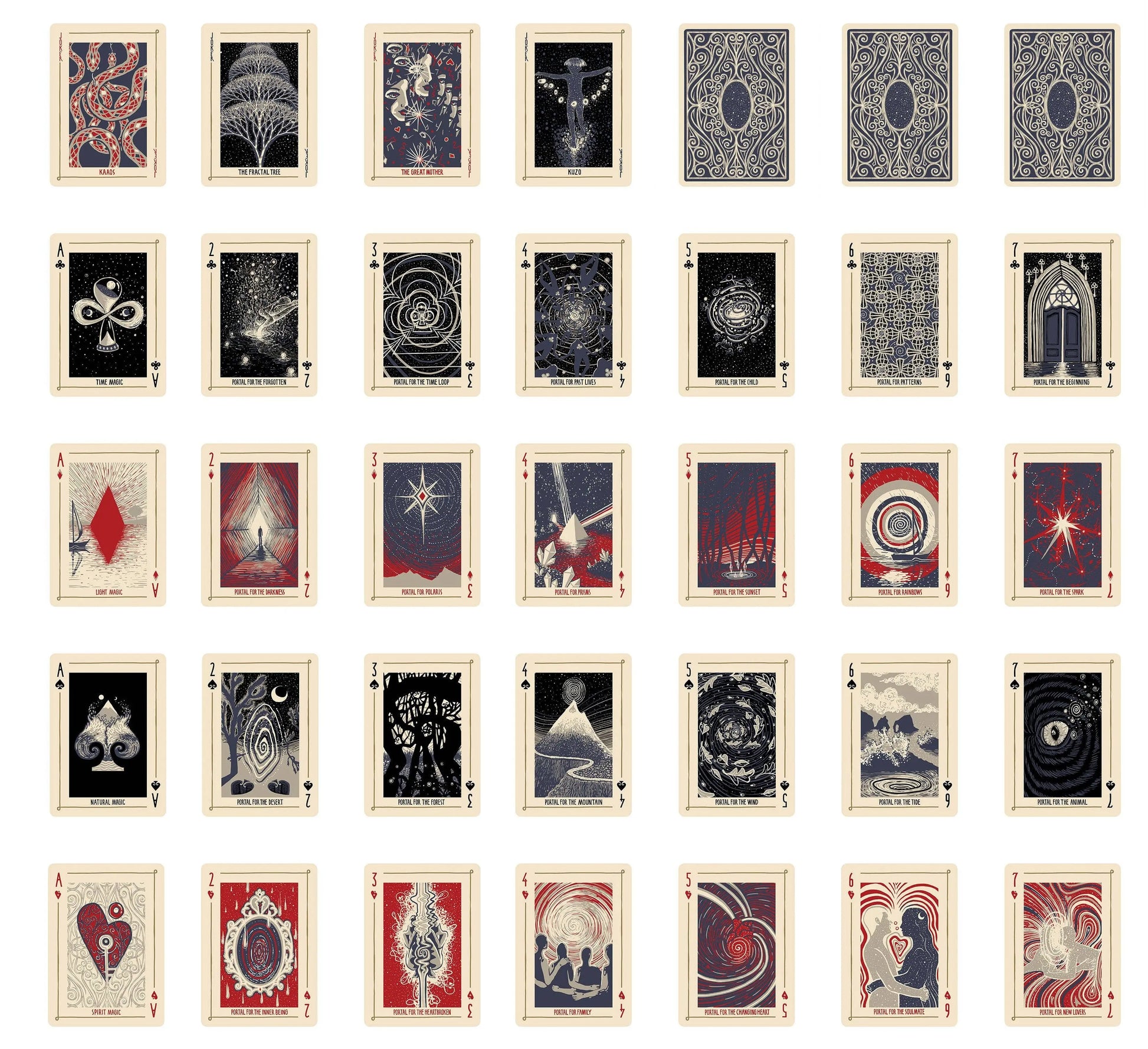 Collection of tarot cards with various designs on a white background