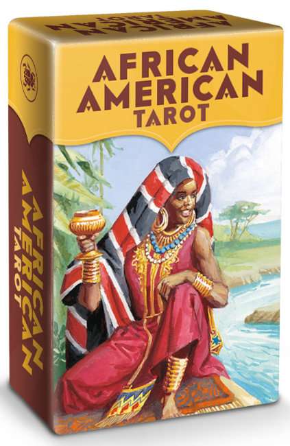 Box of African American Tarot cards with a colorful design on a white background
