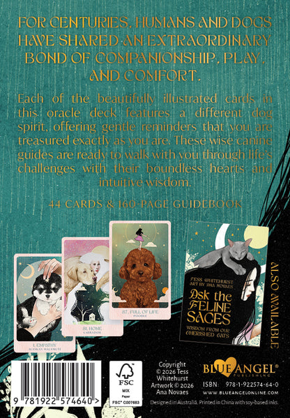Ask the Canine Sages Oracle featuring illustrated canine spirit guides by Ana Novaes with guidebook by Tess Whitehurst.