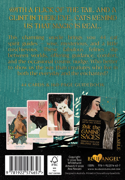 Ask the Feline Sages Oracle featuring illustrated cat spirit guides by Ana Novaes with guidebook by Tess Whitehurst.