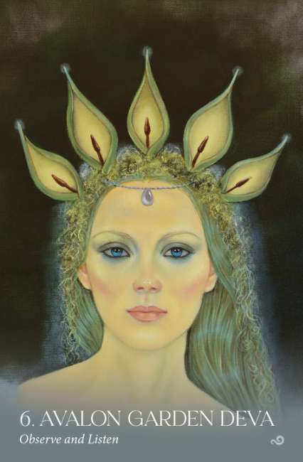 Avalon Visions Oracle deck by Cheryl Yambrach Rose featuring Celtic mystical artwork inspired by Avalon and Arthurian legend. Illustration of a woman with a leafy headpiece against a dark background