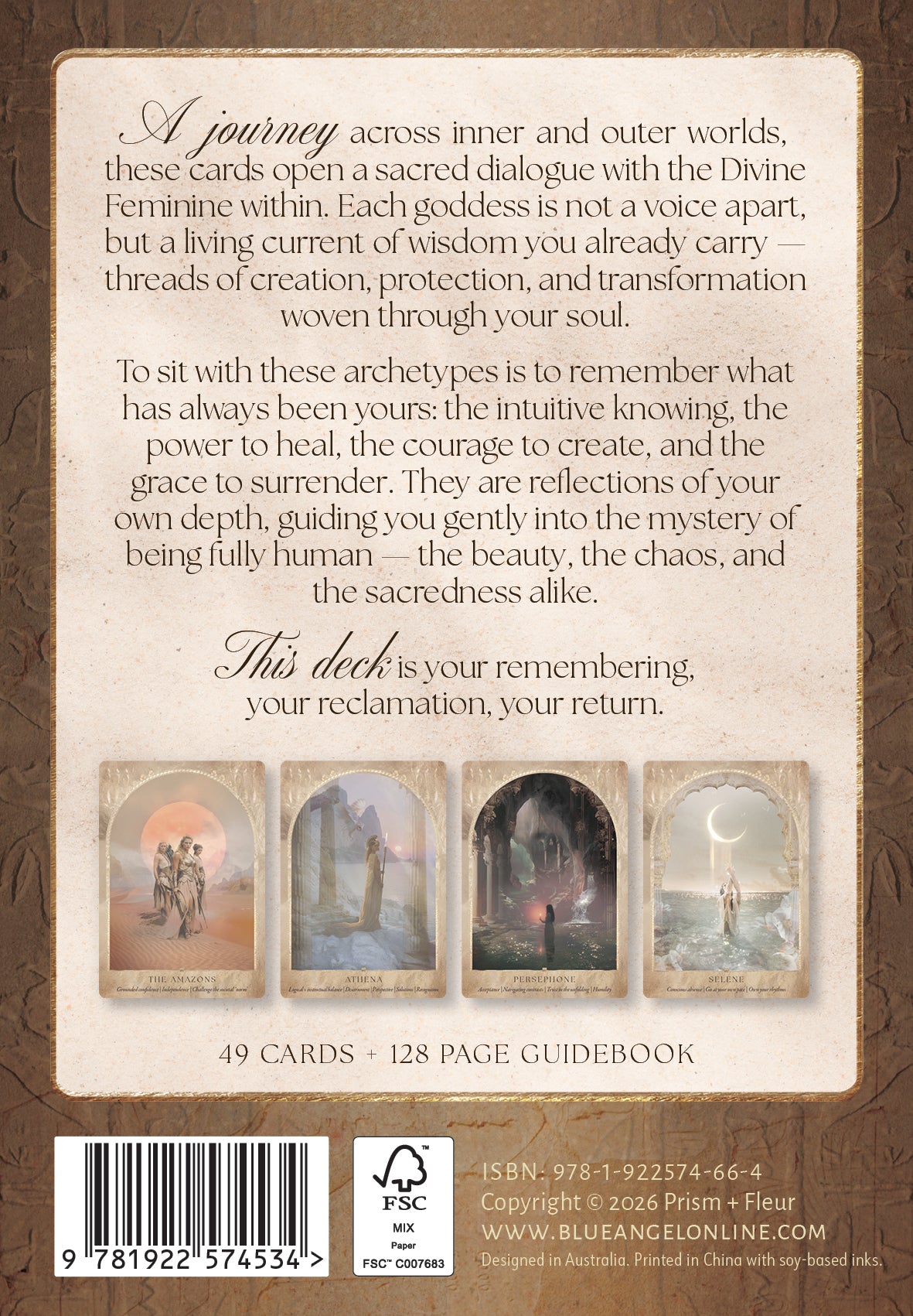 Back cover of a card deck with text and images of women in various poses. Daughters of the Aether oracle deck by Paige McLeod featuring goddess-inspired artwork, Divine Feminine symbolism, and a luxury collector's box.
