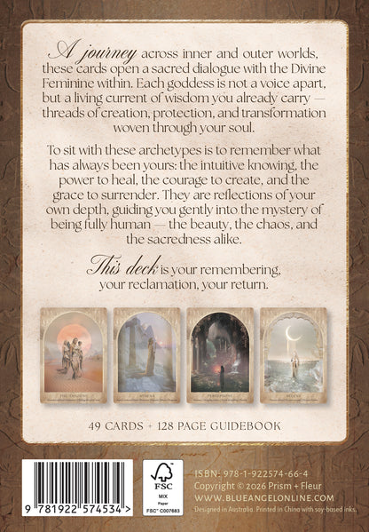 Back cover of a card deck with text and images of women in various poses. Daughters of the Aether oracle deck by Paige McLeod featuring goddess-inspired artwork, Divine Feminine symbolism, and a luxury collector's box.