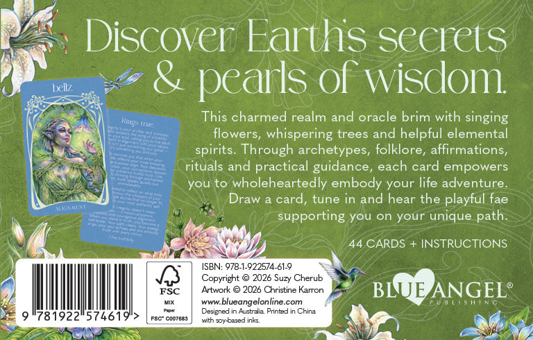Back cover of the Blue Angel Oracle card deck, featuring a green background with white text reading 'Discover Earths secrets & pearls of wisdom,' an illustration of a card and card back, floral border details, a barcode, and the Blue Angel logo.