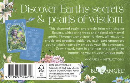 Back cover of the Blue Angel Oracle card deck, featuring a green background with white text reading 'Discover Earths secrets & pearls of wisdom,' an illustration of a card and card back, floral border details, a barcode, and the Blue Angel logo.