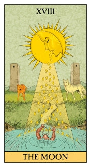 Depicts the moon face looking down at the lobster with 2 dogs looking on . The moon is shing his be onto the lobster  Tarot card the moon - Lo scarabeo tarot 
