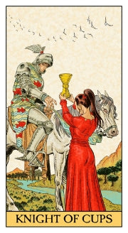 The knight is on his white horse with a  river flowing behind him . Handing him a golden goblet is a young brunette woman wearing a red dress 