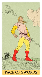 The page of swords is in the wind carrying his sword.He wears bright red boots and yellow tights. Behind him is a sparse landscape An eagle soars through the sky before reaching the cloud mass . The before tarot by Lo Scarabeo 