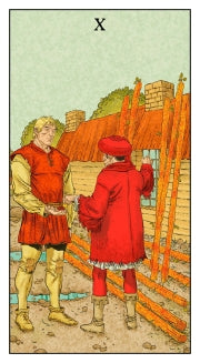 The card depicts the 10 of wands before he places them on his back to create the burden. Here he is purchasing the wands from a trader. The wants are resting against the wall . Before tarot from Lo Scarabeo 