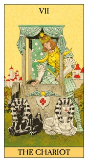 Depicts the Chariot tarot card before the usual RWS stance. Shows the chariot river climbing into the chariot ready to take position and drive forward 