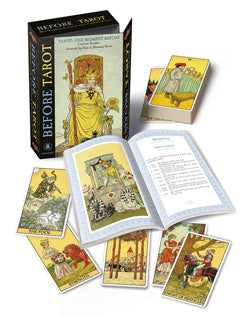 The product image shows the packaging of 'BEFORE TAROT', which includes 78 tarot cards with instructions. The cover displays an illustration of a person in a yellow robe holding a sword and a book, seated with a cat on the lap, against a colorful background. It shows samples of cards complete with full colour guide book open on The chariot card 
