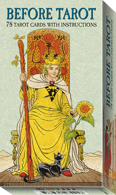 The product image shows the packaging of 'BEFORE TAROT', which includes 78 tarot cards with instructions. The cover displays an illustration of a person in a yellow robe holding a sword and a book, seated with a cat on the lap, against a colorful background.