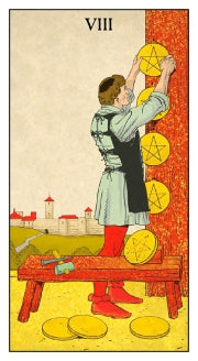 The card depicts the trainer preparing the workshop His tools lie on a bench while he places his pentacles on to the wall. In the background the city looms.  8 of pentacles tarot card 