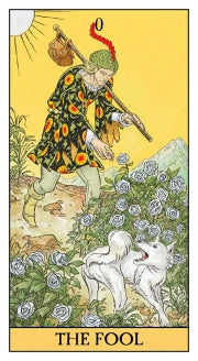 Before the action of the RWS tarot card. Shows the fool with his knapsack chasing his white dof 