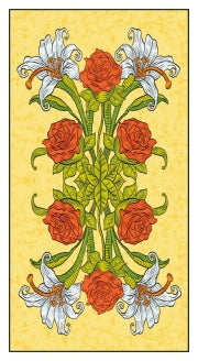 vibrant yellow background with a floral display of red roses and white lilies 