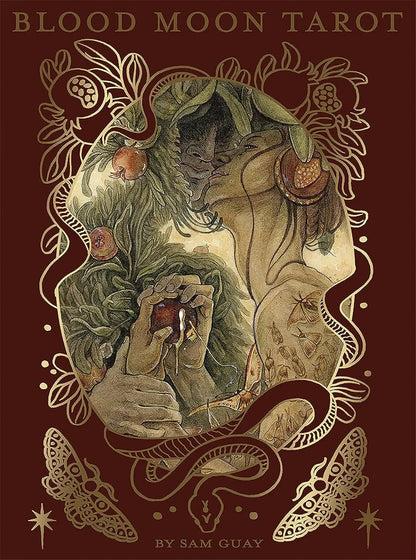 Blood Moon Tarot deck by Sam Guay with burgundy edged tarot cards and hardcover guidebook.