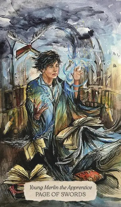 Illustration of a young Merlin the Apprentice with books and a sword, labeled 'Page of Swords'.