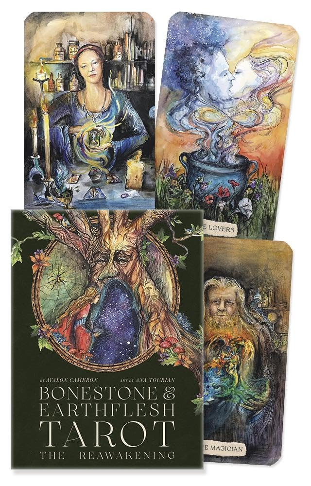 Collection of tarot cards with artistic designs on a black background Bonestone and Earthflesh tarot by Avalon Cameron and Ana Tourian