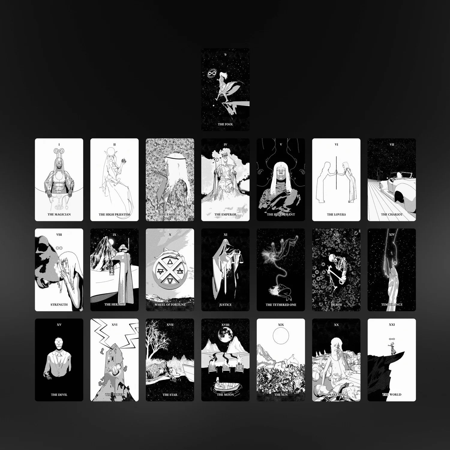 Tarot of the Holy Spectrum Color Me Edition black-and-white indie tarot deck by Chase Voorhees