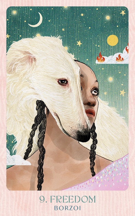 Ask the Canine Sages Oracle featuring illustrated canine spirit guides by Ana Novaes with guidebook by Tess Whitehurst.